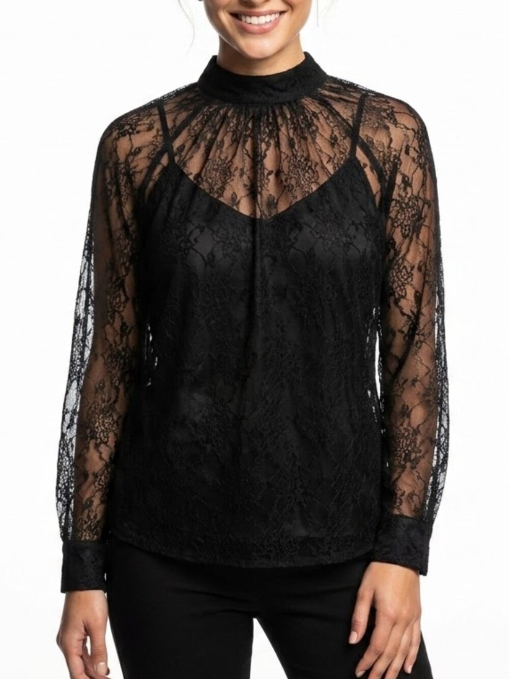 Ann Taylor Whimsigoth Black Lace Mock Neck Tie Back Blouse Top LP